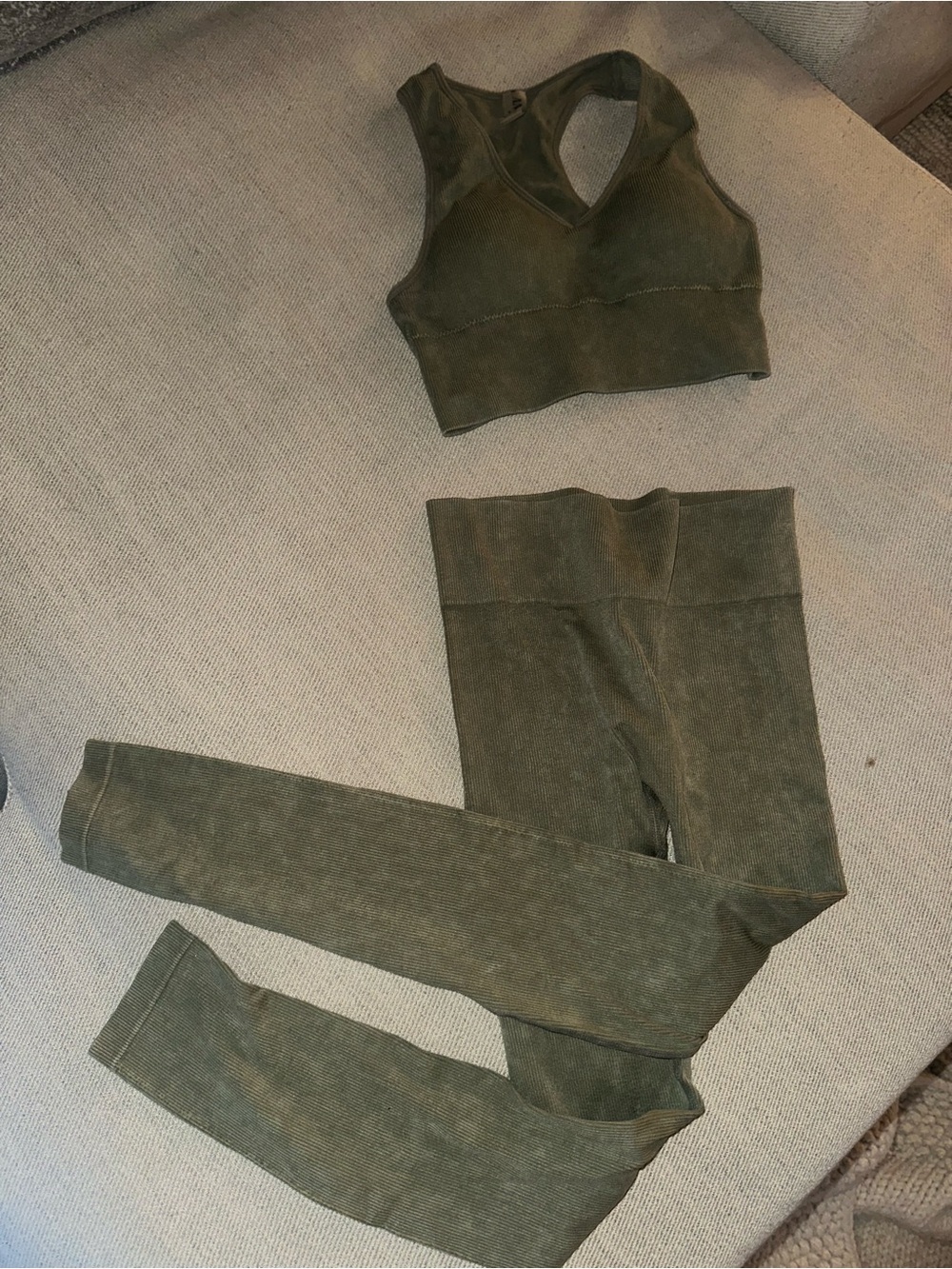 High-Rise Olive Green Seamless Leggings with Matching Crop Top